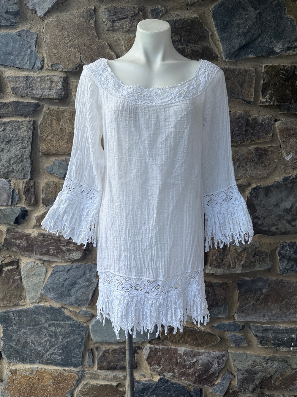 Temptation positano White Crochet Trim Boho Tunic Dress Cover Up Size M